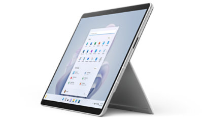 Three-quarter view of a Surface Pro 9 in Platinum.
