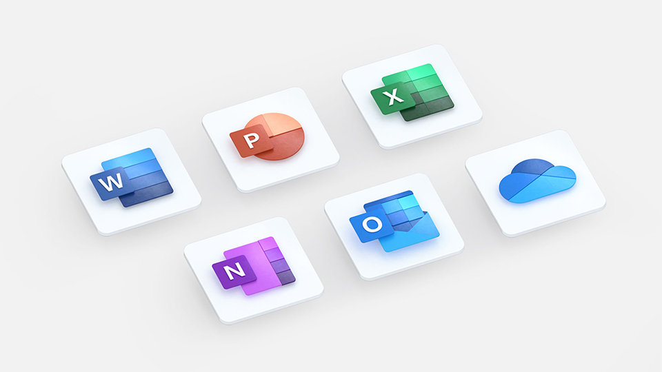 Office app icons for Word, Excel, PowerPoint, OneNote, Outlook, and OneDrive.