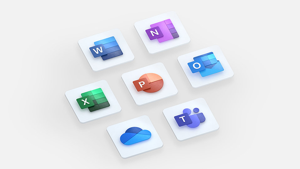 Microsoft 365 Apps-Symbole, einschließlich Word, Excel, PowerPoint und mehr. 