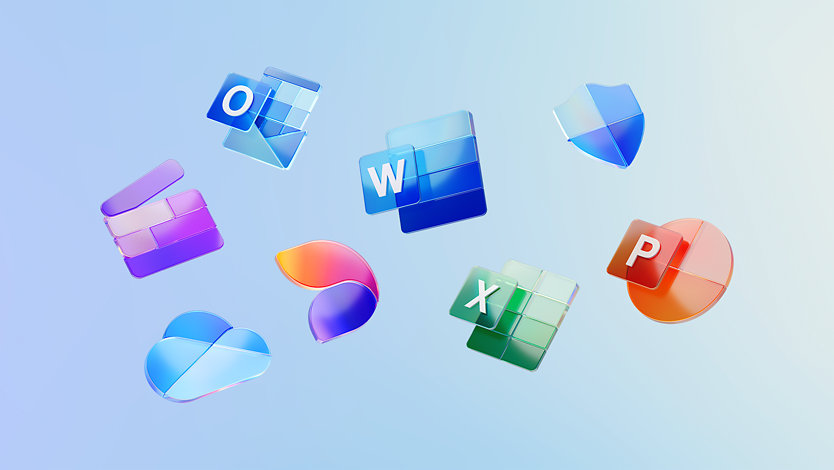 Symbole der in Microsoft 365 enthaltenen Apps: Word, PowerPoint, Outlook, Excel, OneDrive OneNote, Teams