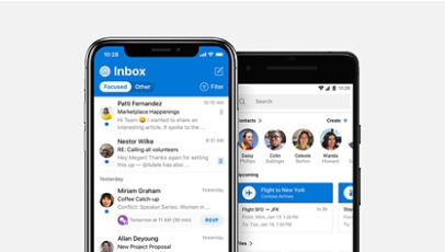 Un téléphone iOS et un téléphone Android avec l’application Outlook affichée sur l’écran