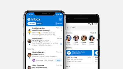 Un teléfono iOS y un teléfono Android con la aplicación de Outlook en la pantalla