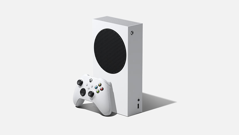 An Xbox Series S with an Xbox Wireless Controller.