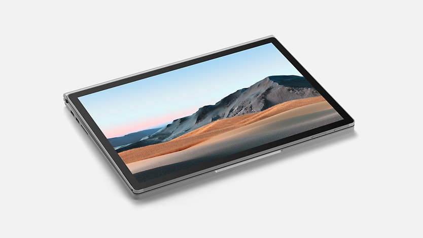 Un computer Surface Book 3 per le aziende disteso in modalità Studio con lo schermo a vista