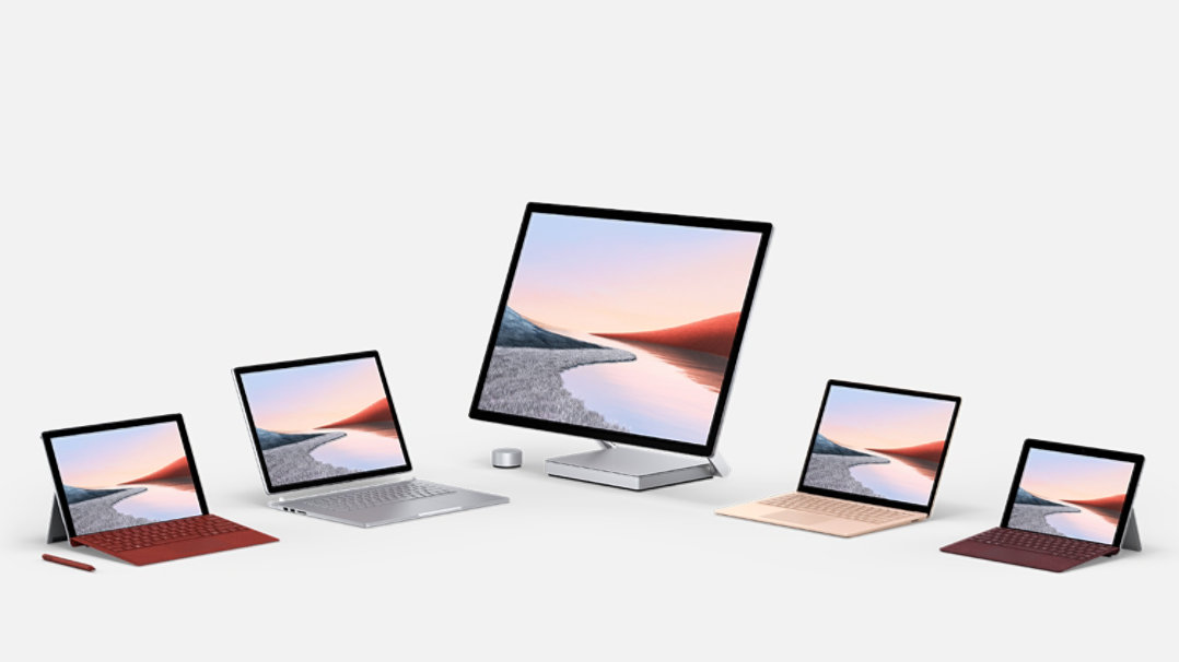 A collection of Surface devices in various colours.