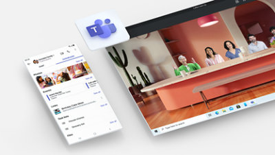 Una familia usa Microsoft Teams para planificar una fiesta de cumpleaños