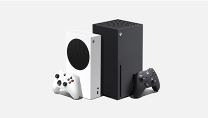Xbox Series S and Xbox Series X consoles with two Xbox Wireless Controllers. 