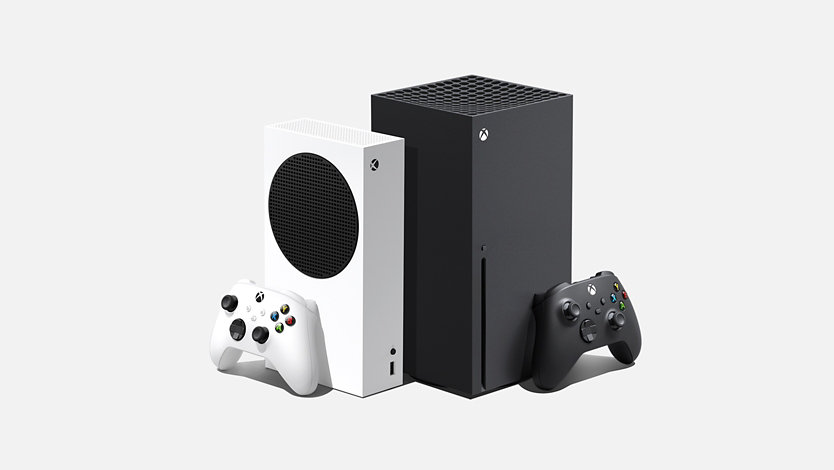 Xbox Series S and Xbox Series X consoles with two Xbox Wireless Controllers.