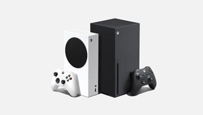 Xbox Serie S und Xbox Serie X Konsolen mit zwei Xbox Wireless Controllern