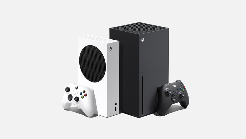 A side angle of the Xbox Series S devices and the Xbox Series X devices in two different colors.