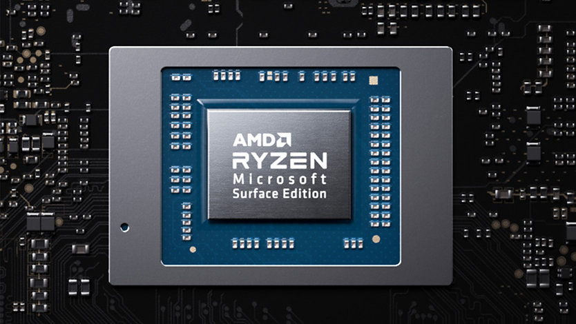 Primer plano de un procesador AMD Ryzen dentro de Surface Laptop 4