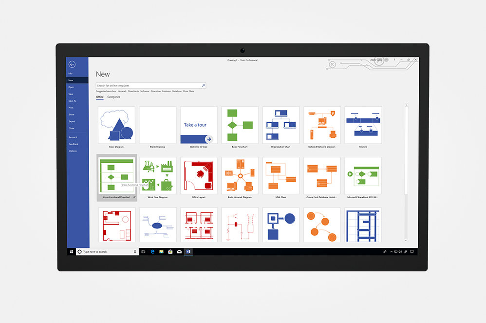 Three rows of Visio templates, diagrams, charts, and graphs on a Surface tablet screen.