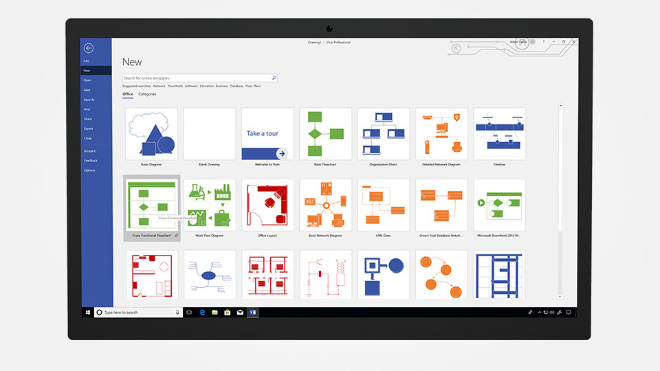 Trzy rzędy szablonów, wykresów, diagramów i grafik programu Visio na ekranie tabletu Surface.