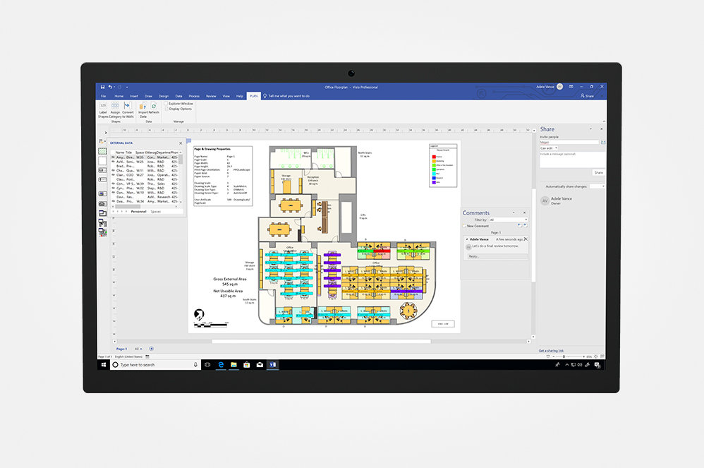 A detailed Visio diagram of an office floor plan with data fields and comment bubbles on either side.