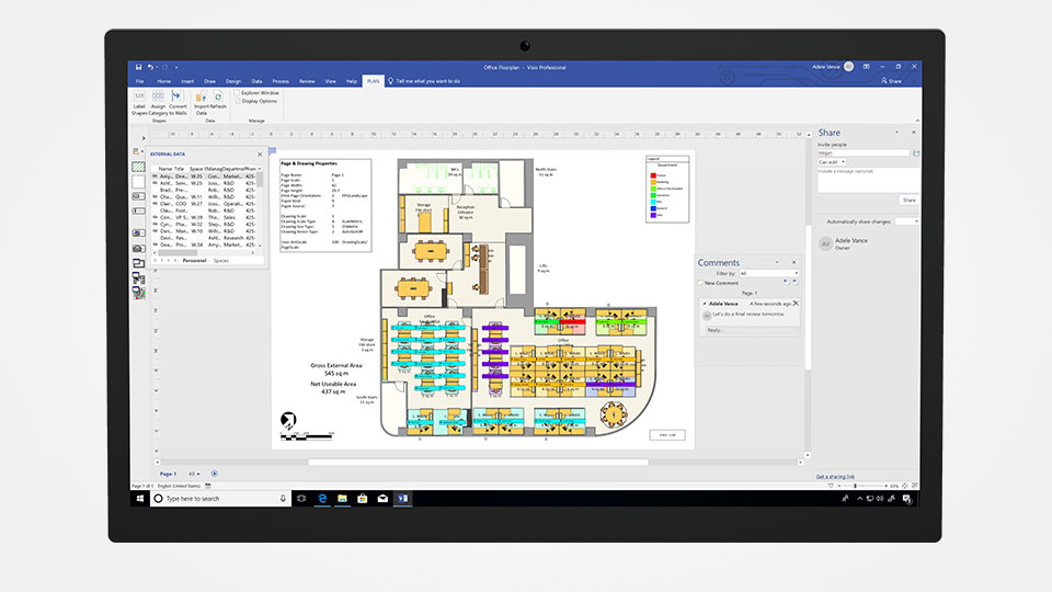 Diagrama de Microsoft Visio del plano de una oficina al que se han añadido comentarios.