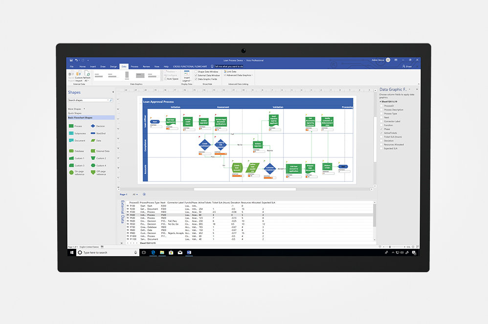 A Visio business processes flow chart with imported data fields below on a tablet screen.