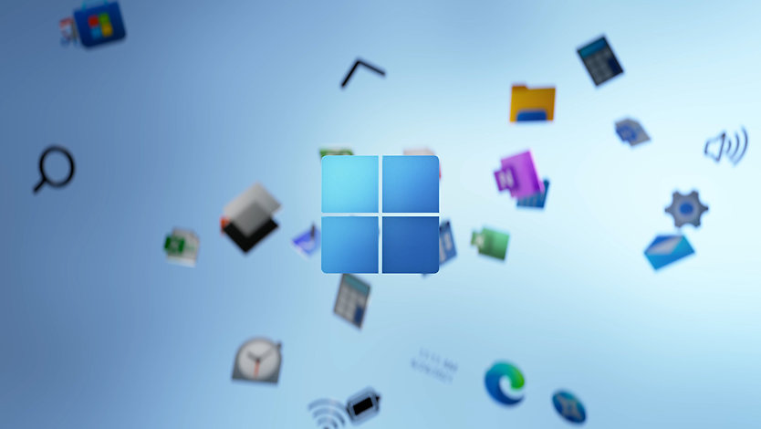 Windows logo surrounded by app icons.