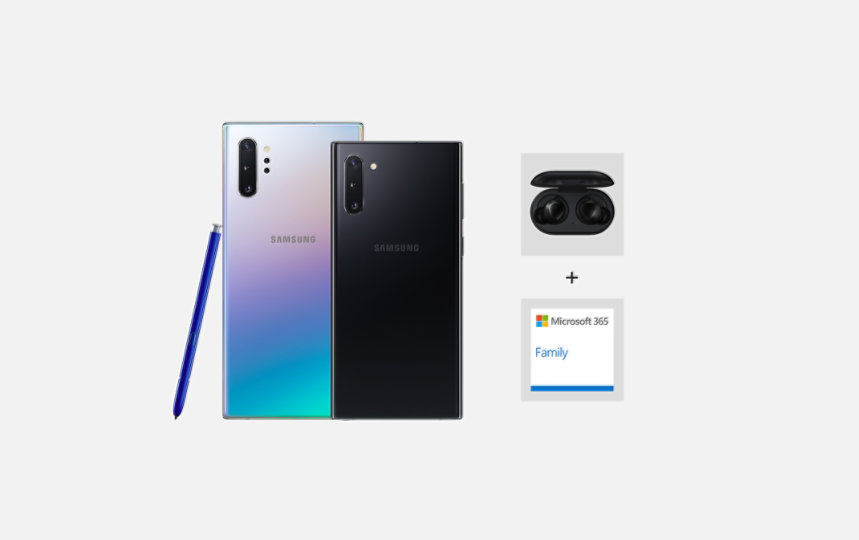 Samsung Galaxy Note 10 with Galaxy Buds and Microsoft 365 Family.