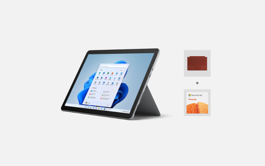 Surface Go 3 apoiado no suporte Kickstand, Capa Teclado para Surface Go e Microsoft 365 Pessoal.
