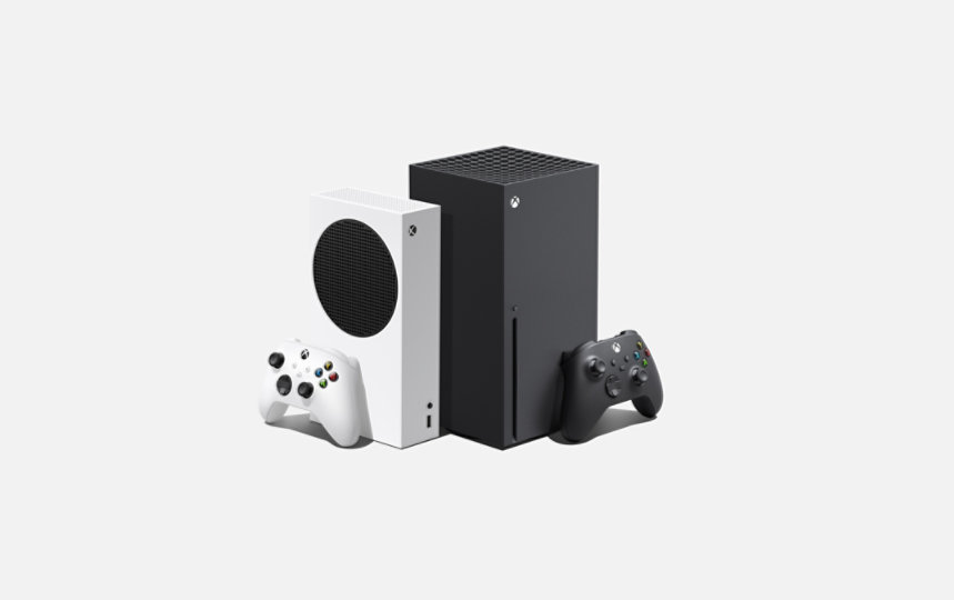 A white Xbox Series S next to a black Xbox Series X with wireless controllers.