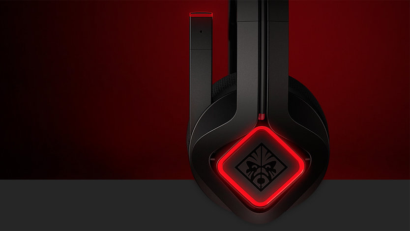 Side view of the Omen headset with microphone folded up.
