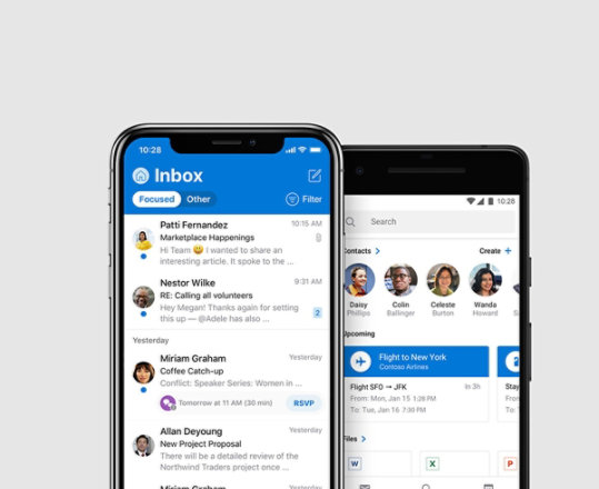 Телефоны с iOS и Android с приложением Outlook на экране