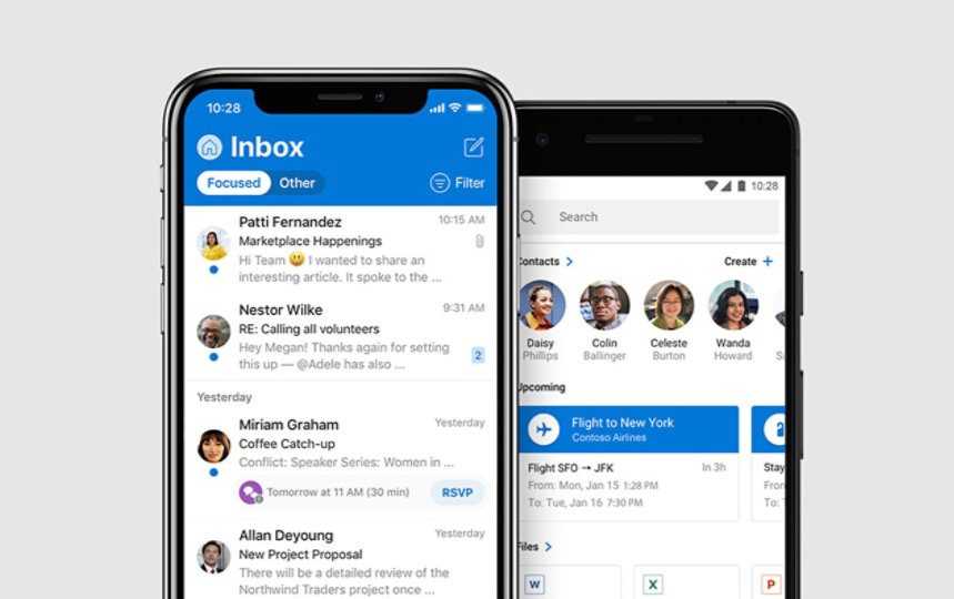 Un teléfono iOS y un teléfono Android con la aplicación de Outlook en la pantalla