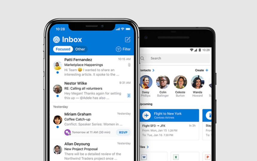 An iOS phone and an Android phone with the Outlook app shown on the screen
