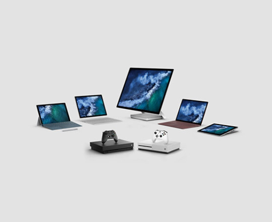 Group of Surface devices and Xbox consoles.