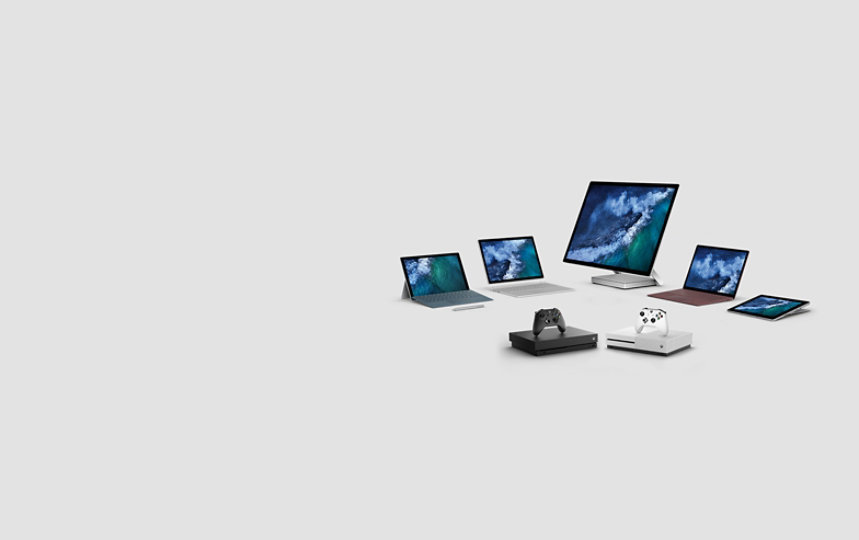 Group of Surface devices and Xbox consoles.