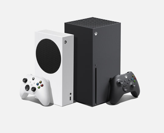 Xbox Series S and Xbox Series X consoles with two Xbox Wireless Controllers