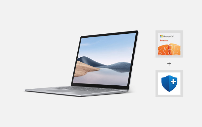 Surface Laptop 4 with Microsoft 365 logo and Microsoft Complete logo.