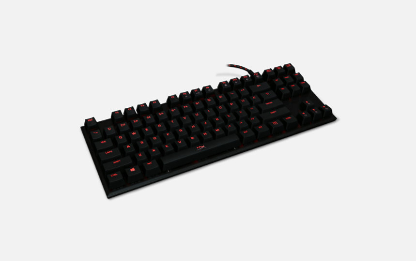 Front left-side view of Kingston HyperX Gaming Keyboard backlit in red.