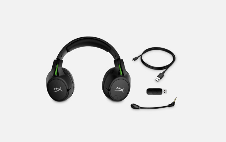 HyperX Cloud X Flight Headset with charging cable, USB transmitter, and detachable boom mic.