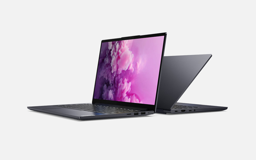 A Lenovo Ideapad Slim 7 i 14 laptop hero view with back-to-back devices.