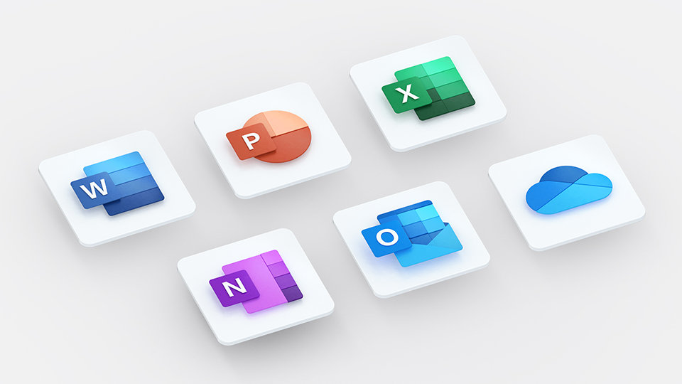 Icons for Microsoft 365 apps, including Word, PowerPoint, Excel, OneNote, Outlook, and OneDrive.