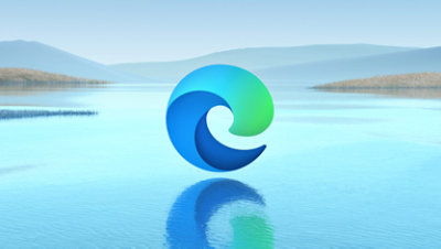 A landscape with the Microsoft Edge logo hovering over water.