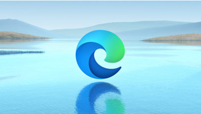 Microsoft Edge のロゴが水面に浮かぶ風景画像。