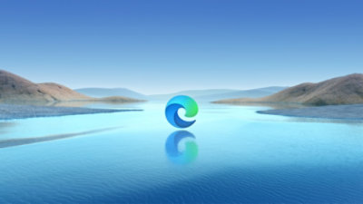 A landscape with the Microsoft Edge logo hovering over water.