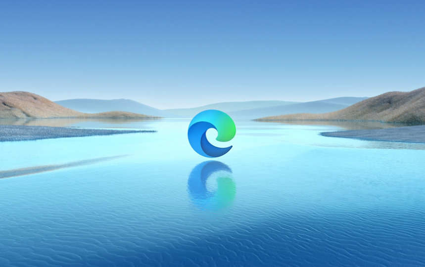 Ένα τοπίο με το λογότυπο του Microsoft Edge να αιωρείται πάνω από το νερό.