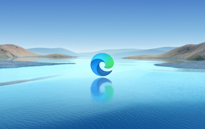 A landscape with the Microsoft Edge logo hovering over water.