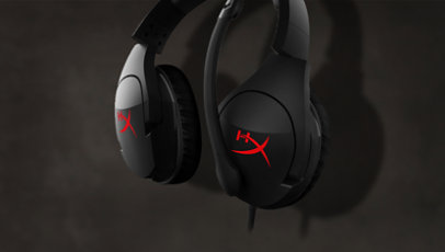 Angled view of HyperX headset with mic in upright position.