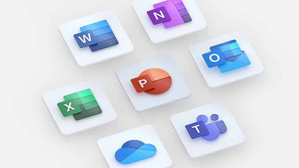 Logos for Microsoft 365 apps, including Word, PowerPoint, Excel, OneNote, Outlook and OneDrive.