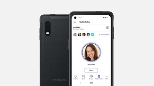Two Samsung Galaxy XCover Pro phones, one displays Microsoft Teams on the screen. 