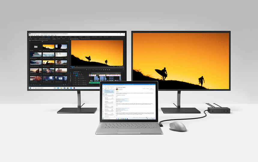 Più monitor e un portatile connessi a Surface Dock 2 per le aziende.