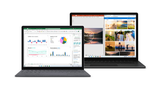 Surface Laptop 4 in 2 sizes with spreadsheets and photo libraries on screen.
