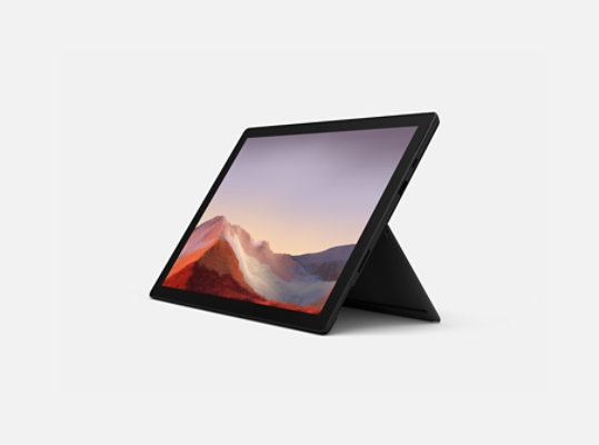 Surface Pro 7 en noir, orientée vers la gauche.