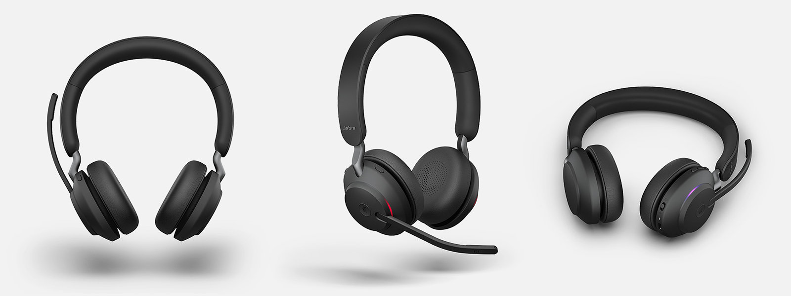 Three different angles of the Evolve2 65 wireless headphones with busy light on.