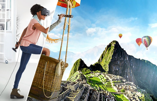 In her living room, a woman using a virtual reality headset experiences a hot air balloon adventure. 