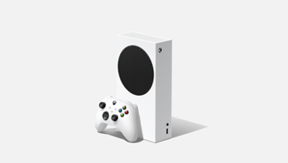 Vänster framvinkel på Xbox Series S -konsol och styrenhet